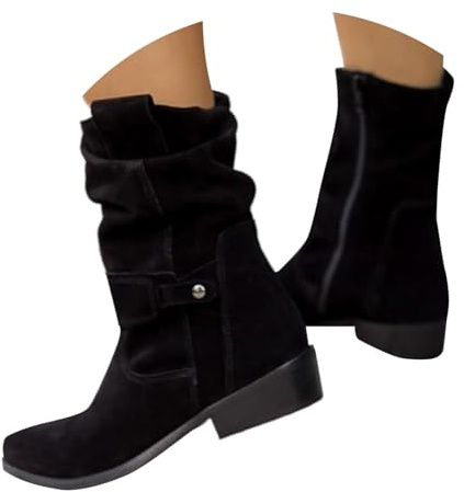 Générique Bottines Femme Demi Bottes en Daim avec Fermeture éclair Plissées Bottes Basses Rétro Élégantes Bottines Courtes Chaussures d'hiver Boots