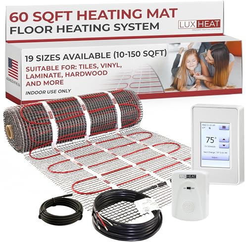 LuxHeat 60sqft Floor Heating Mat Kit – 120v Underfloor Electric Heating System – Radiant Heated Flooring System for Tile & Laminate - Includes UDG4 Programmable Thermostat w/GFCI, Alarm & Sensor