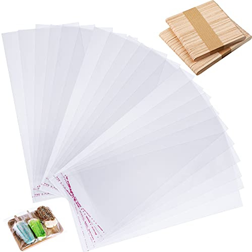 Patelai 400 Pieces Ice Cream Sticks and Bags Set Include 300 Pcs Self-adhesive Clear Pop Bags Self Sealing and 100 Pcs Wooden Ice Cream Sticks for Summer Party