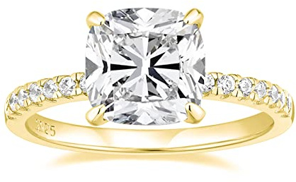EAMTI 3.5CT 925 14K Gold Plated Sterling Silver Rings Cushion Cut Cubic Zirconia CZ Engagement Wedding Bands for Women Promise Rings for Her Size 7