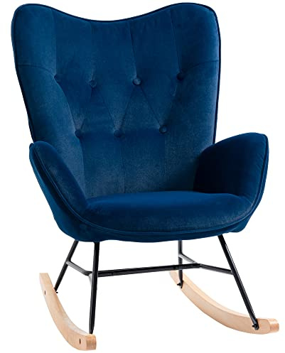 HOMCOM Fauteuil à Bascule, Rocking Chair, Fauteuil Allaitement Confortable avec Structure en Bois Massif et métal pour Salon, Chambre, Balcon, Velours Bleu