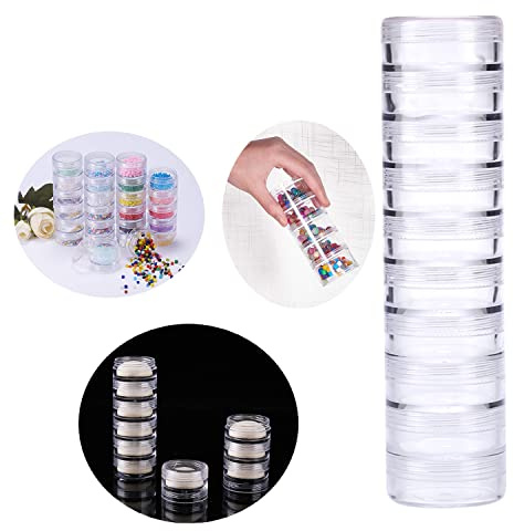 OTCRAFT 20 recipientes de plástico apilables, 19 x 3,5 cm, caja de almacenamiento transparente, redondos, tarros organizadores para cuentas, botones, accesorios de uñas de bricolaje