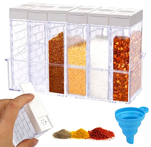 Gewürzgläser Eckig Set, 6 Stück Gewürzstreuer Camping, Gewürzdosen Set, Gewürzdosen Mit Tablettfür, Pfefferstreuer Gewürzbox Für Gewürze Aufbewahren Salz Pfeffer Zucker, Mit Trichter (Weiß)