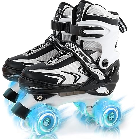 Patins à roulettes Ajustables pour garçons Filles Enfants débutants, 4 Tailles de Patins à roulettes pour Les Petits ou Grands Enfants avec des Roues Lumineuses (Noir et Blanc, Large)