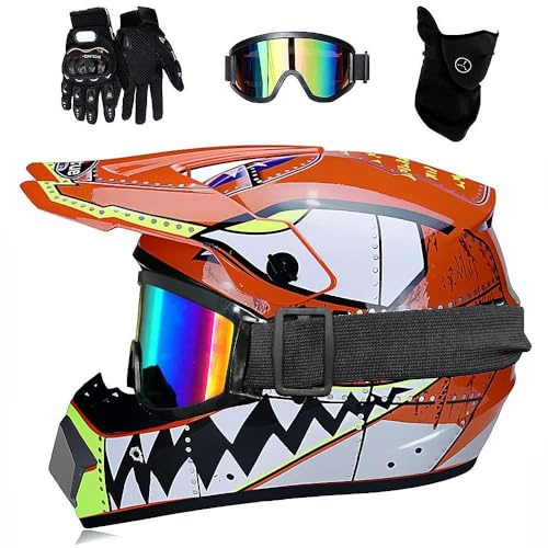 Adulte Casque Motocross Ensemble, avec Gants Lunettes Masque, Jeunesse Enfant Visage Complet MTB Hors Route Moto Karting Accident Casque, ATV MX Downhill Quad Vélo de Saleté Course d'enduro Casque (C