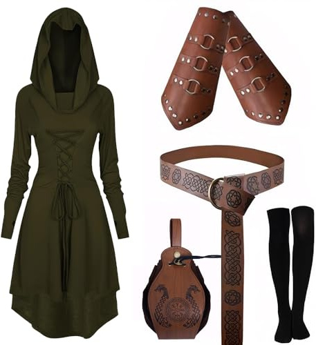 CNVAUIE Conjunto de vestido medieval con capucha para mujer, conjunto de disfraz renacentista con protectores de brazos, cinturón, cinturón, medias y accesorios (Verde, M)
