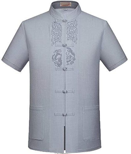 FGDIUCVN Kampfsportbekleidung Herren Kurzarm Tang Anzug Kung Fu Tops Kampfkunst Shirts,Grau,XL