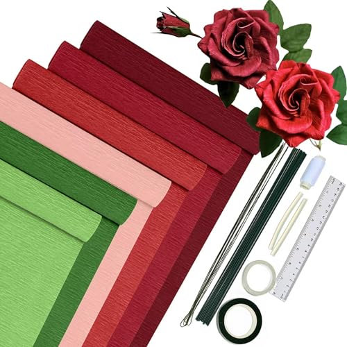 Krepppapier 6er Set Bunt,6 Rollen 25 x200cm Krepppapier Rosatöne mit 15 Blumendraht Grün,Floristenband,Doppelseitiges Klebeband,Lineal,Nähgarn,Krepppapier Blumen Basteln(Rosen Serie）