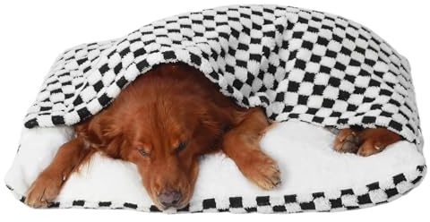 Cama Calmante Ortopédica Con Manta y Capucha Para Perro/Gato, Saco de Dormir Extraíble y Lavable, Suave Fuzzy Cómoda Sofá Para Mascotas Pequeñas y Medianas (Square Grid, 6)