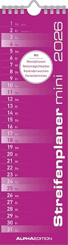 Alpha Edition - Streifenplaner Mini PINK Kalender 2026 – Kompakter Streifenkalender 9,5x33 cm – für Singles, Paare & kleine Haushalte – Schlichtes Design – Mit Feiertagen (DE/AT/CH)