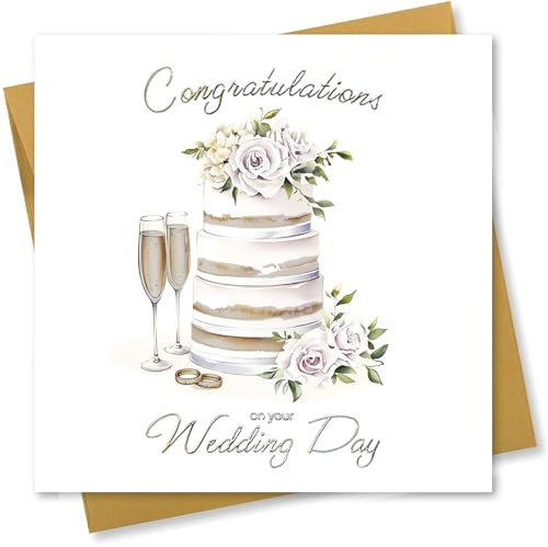 Wedding Card for bride and groom Congratulations on your Wedding Day. Cake Design with Gold Foil text. 150x150mm when folded. Supplied with Gold envelope.