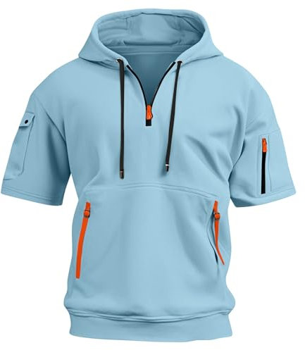 Generisch Herren T-Shirt mit Kapuze 1/4 Reißverschluss Kurzarm Hoodie Wollpullover Leinen Tshirt Oversize Pullover Gym Shirt Longshirt Hemd Weiss Tank Top Sport Tops