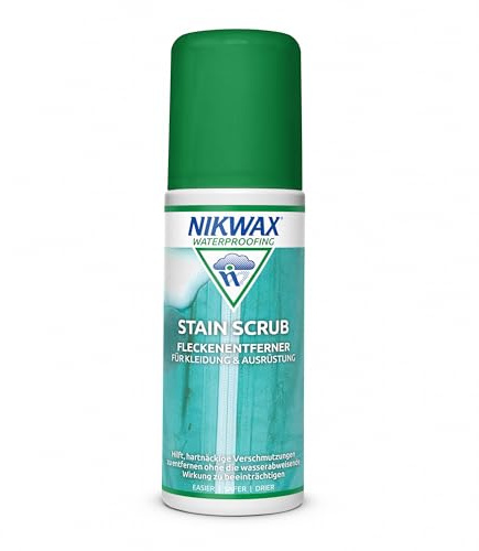 NIKWAX STAIN SCRUB - Potente tratamiento de manchas para telas impermeables - Tratamiento de manchas prelavado para ropa y equipo impermeables, aplicador de cepillo integrado fácil de usar (125 ml)