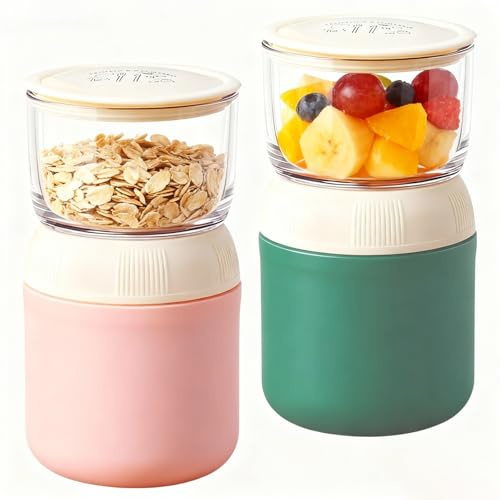 GBKDQQ 2 bicchieri per cereali To Go con cucchiaio, 400 ml + 300 ml tazza per yogurt to go, a prova di perdite, per viaggi, lavoro e scuola, ciotola per cereali, lavastoviglie e congelatore
