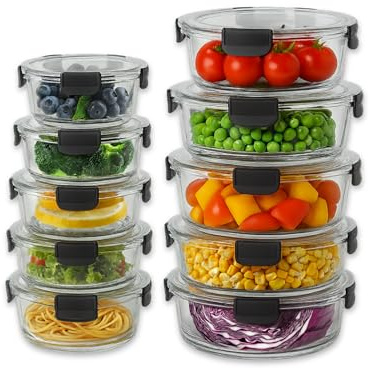 Straame Glass Meal Prep Containers with Airtight Lids – 10-Pack (5×950ml + 5×400ml) – Reusable Glass Food Storage Containers with Lids – Leakproof, Freezer, Ov-en, Microwave & Dishwasher Safe (Round)