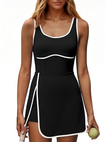 Fisoew Womens Workout Tennis Dress with Built-in Bra & Shorts Pockets Sleeveless Cutout Golf Athletic Mini Dresses Black