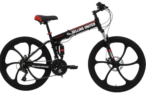 selling united 26inch Foldable Mountain Bike Dual Suspension Hardtail Bicycle Men Women Mountain Bike 21 Speed Drivetrain Lightweight Frame Sport Cycling Bike for Adult (Black)