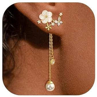 Boucle d'oreille Perle Fleurs Boucles d'oreilles Pendantes Femme Strass Or Boucle d Oreille pour Valentin, Cadeau, Mariage, Anniversaire