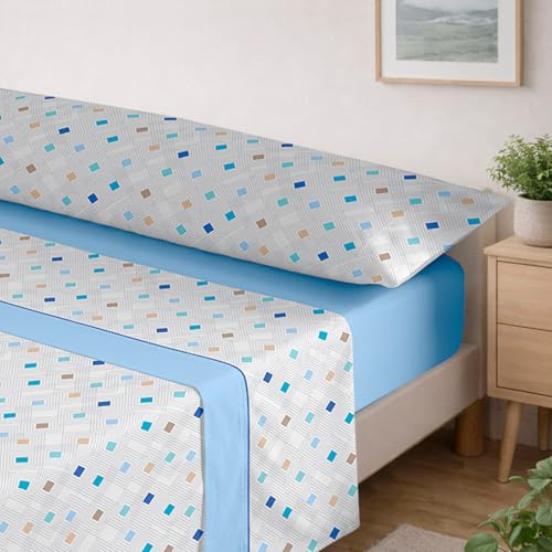 MERCURY TEXTIL- Juego de sábanas de Verano (Rombos Azul, Cama 150) | Entretiempo, Estampadas, Ropa de Cama Juego de 3 Piezas, 100% Microfibra. Modernas, Tacto Fino y Suave