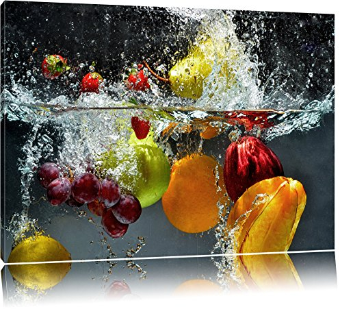 Pixxprint Früchte fallen ins Wasser, Größe: 80x60cm, Leinwandbild, fertig gespannt, Wandbild, Dekoration, Kunstdruck, kein Poster