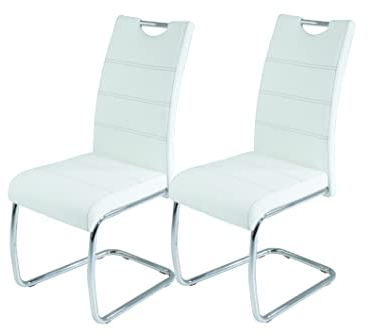 Hela Tische 2er Set Schwingstuhl, Küchenstuhl Flora, Kunstleder Weiß, Griffmulde, Metallgestell verchromt, 42x57x98 cm