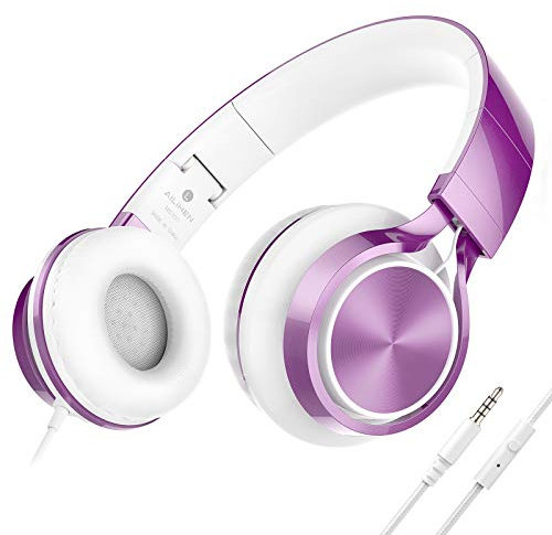 AILIHEN MS300 Auriculares con Cable con Micrófono para Chromebook, Teléfono Inteligente, Auriculares Ligeros Plegables de 3,5 mm para la Escuela, Adolescentes, Niñas, Niños(Morado Oscuro)