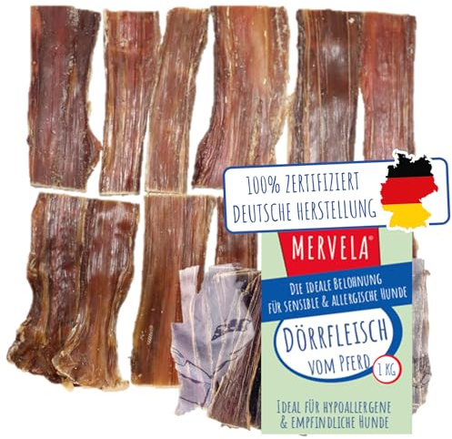MERVELA Viande séchée naturelle pour chien | Hypoallergénique | 100 % cheval | Séchée à l'air doux | Sans céréales | Friandise à mâcher de qualité supérieure en provenance d'Allemagne | 1 kg