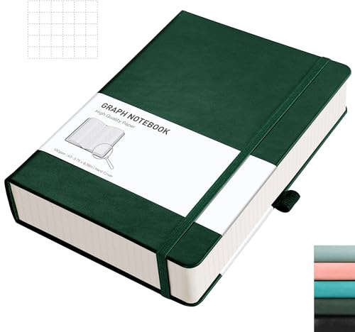 RETTACY Notebook A5, Grid Graph Journal with 320 Numbered Pages - Leather Hardcover Notepad, 100gsm Thick Paper, for Planning Office School, 14.5 x 21cm, Green