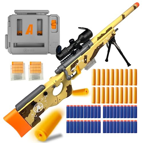 MASTECH AWM Weiche Schaumstoff-Spielzeugpistole, Design mit auswerfenden Patronenhülsen, verbessertes Zielfernrohr, Dartlader, 40 weiche Schaumstoff-Darts, 20 Patronenhülsen, 2 Magazine. (Gelb)