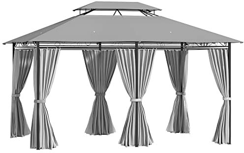 Outsunny 4m x 3(m) Garden Gazebo, Double Roof Outdoor Gazebo Canopy Shelter with Curtains, Solid Steel Frame for Lawn and Deck, Dark Grey