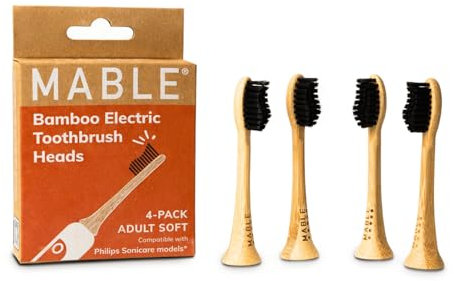 MABLE Bamboo Electric Toothbrush Heads | Compatible with Philips Sonicare Electric Toothbrush | 4 Brush Heads | Soft Plant-Based Bristles | Adult Size Bamboo Replacement Heads