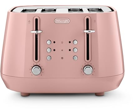 De'Longhi Eclettica BPA Free Metal Toaster CTY4003.PK, 4 Slot Toaster with Reheat and Defrost Functions, Control Panels, Progressive Browning Levels, Pull Crumbs Trays, Stainless Steel, 1800W, Pink