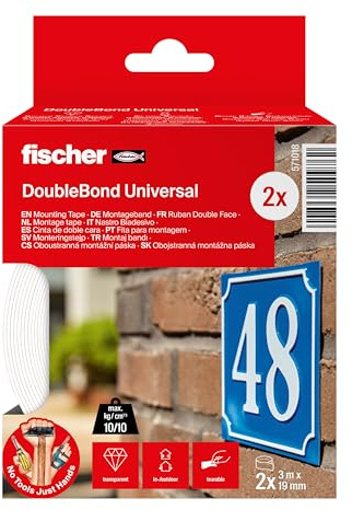 fischer - 2x Cinta de montaje adhesiva de doble cara y fuerte transparente, fácil de aplicar gracias a su revestimiento especial, fija sin taladrar espejos, cuadros, pinchos para palomas, etc (2x3 m)