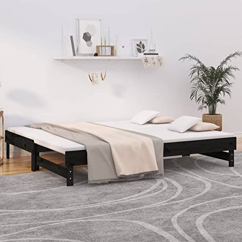 Sufrk Tagesbett Ausziehbar Schwarz 2X(100x200) cm Massivholz Kiefer Bett Mit Ausziehbett Tagesbett Ausziehbar Daybed Tagesbett Bettgestell