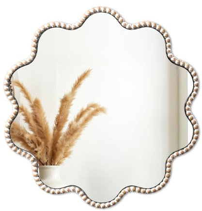 SUMGAR Wandspiegel Rund Boho Farmhouse mit Holzperlen-Design Runder Spiegel für Badezimmer Wohnzimmer Schlafzimmer Eingang Wanddekoration 38x38 cm Ästhetische Dekoration HD-Glas