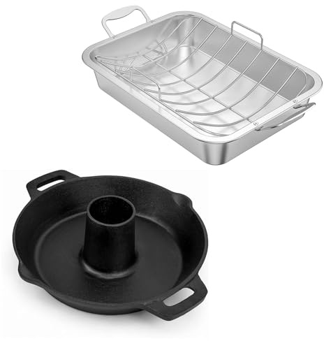 Charkettle Cast Iron Poultry Roaster Insert and Stainless Steel Roasting Pan with Rack