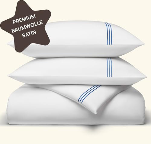 Amqua Ropa de cama de satén 135 x 200 cm, color blanco con rayas azules, incluye funda de almohada de 80 x 80 cm, ropa de cama de satén de 135 x 200 cm, como ropa de cama de seda o algodón egipcio,
