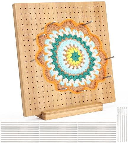 Huifoo Tabla de bloqueo para Granny Square, tabla de bloques de madera hecha a mano, para cuadrados, con 20 pasadores de acero inoxidable y 5 agujas, 1 soporte para proyectos de punto y ganchillo (28
