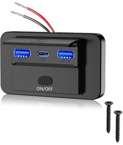 Prise USB 12V 72W avec Charge Rapide QC3.0 PD3.0 3 Ports USB Étanche Interrupteur 12-24V Compatible Montage Murale pour Camping-Car Camion Moto Bateau