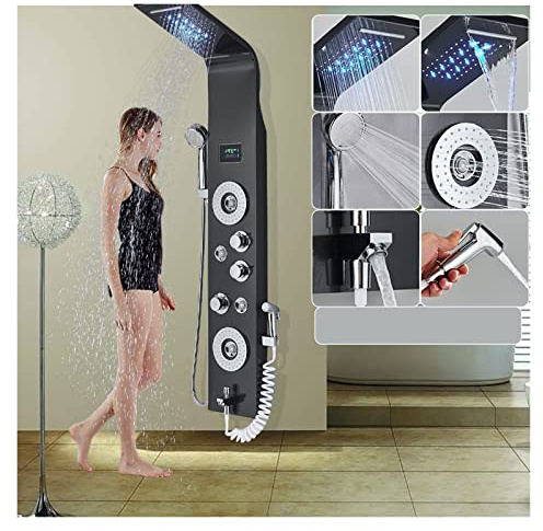 Svart LED-duschpanel Sex funktioner Vattenfall duschpanel Badrumskran Badrum SPA Massage Jet Badkar Mixer Massagespruta(8006 Black)