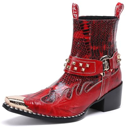 Yhsdfcn Botas Cowboy para Hombre Rojo y Negro con Punta Metálica, Botines Western con Tachuelas, Zapatos Estilo Vaquero de Piel para Fiesta y Escenario, Calzado de Gala Rockero,Rojo,38 EU