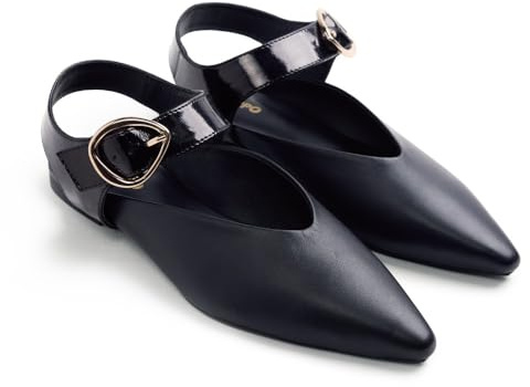 GIOSEPPO Bailarinas Mujer Negras de Piel con talón Abierto, Cierres Ajustables y Hebilla Decorativa. Punta Afilada. Cuentan con Planta Acolchada y Suela de Goma Flexible. Tacón 1 cm.