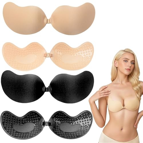 ToqoGeri 4 Pairs A Cup Sticky Bra Push Up - Invisible Bra for Summer, Low-Back Outfits, V-Neck, Club & Wedding Dresses - Backless Strapless Design - Black and Nude