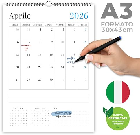 Calendario da Muro 2026 A3 – 30×42 cm Formato Grande – Con Spazi per Scrivere – Mensile da Parete per Casa & Ufficio