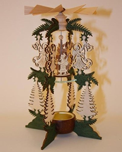 Pyramide pour bougie chauffe-plat à 2 étages - Branches vertes - Motif ange / Père Noël - Chevreuil ? Traîneau original des monts Métallifères 11,5 x 24 cm