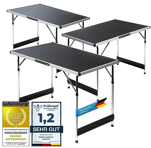 GOODS+GADGETS Klappbarer Multifunktionstisch Mehrzwecktisch Campingtisch Camping-Set Klapptisch Markttisch höhenverstellbarer Tapeziertisch Beistelltisch zum Campen (Grau: 3er Set Tische)