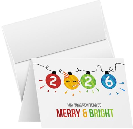2026 Merry Christmas Happy New Year Holiday Greeting Cards – Blank Fold Over Cards & Envelopes, Funny Emoji Cards – For New Year’s Gift & Presents | 10 Per Pack | 4.25 x 5.5” (A2 Size) (White)