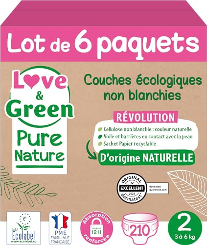 Love & Green Pure Nature Pack de 210 Pannolini Ecologici non Sbiancati T2 x 35 (3-6 kg)