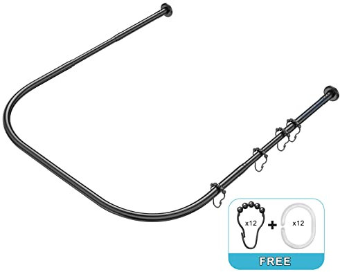 Misounda Tringle à Rideau de Douche U Sans Perage Barre De Douche Extensible Acier Inoxydable (70-100)x80x(70-100)cm Avec 24 Anneaux de Rideaux,pour Salle de Bain Baignoire Magasin de Vtements -Noir