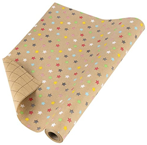 RUSPEPA Rollo De Papel Kraft Para Envolver - Diseño De Estrella Colorida Para Todas Las Ocasiones - 43 cm X 10 m